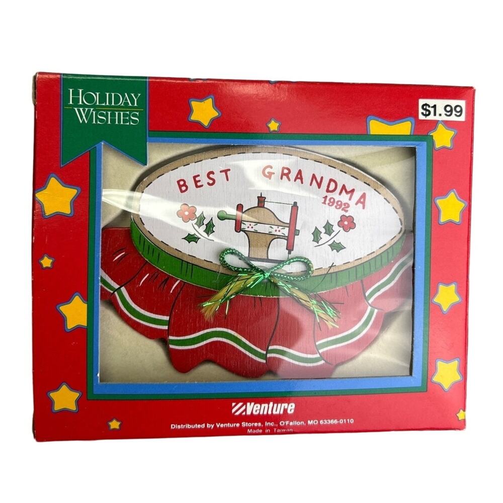 Vintage 1992 Best Grandma Painted Wood Sewing Machine Christmas Ornament